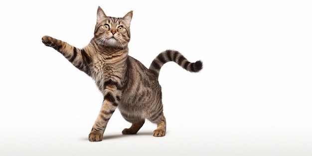 Studio portrait of tabby cat standing on back two legs with paws up against a white Generative AI