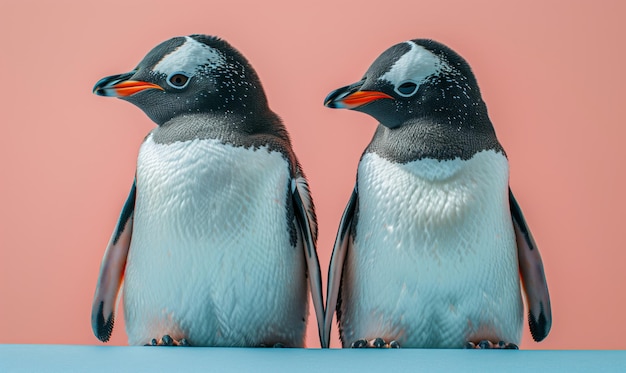 Studio portrait of two funny penguins on a blue and pink background with copy space