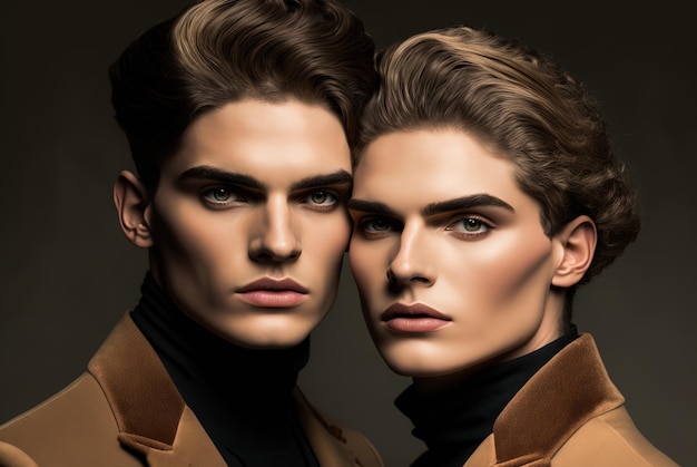 Studio portrait of two twin brothers models look perfect lighting closeup fictional people Ai generated