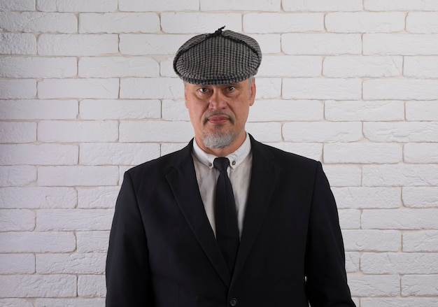 studio portrait of vintage detective in bowler hat