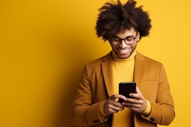 Studio portrait of young African American man with smartphone in yellow clothes on yellow background Positive guy with Afro haircut texting message enjoying online communication using app