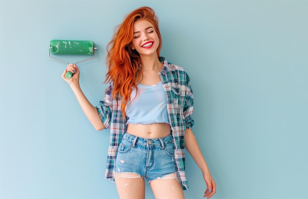 studio portrait of young cheerful brunette girl with paint roller