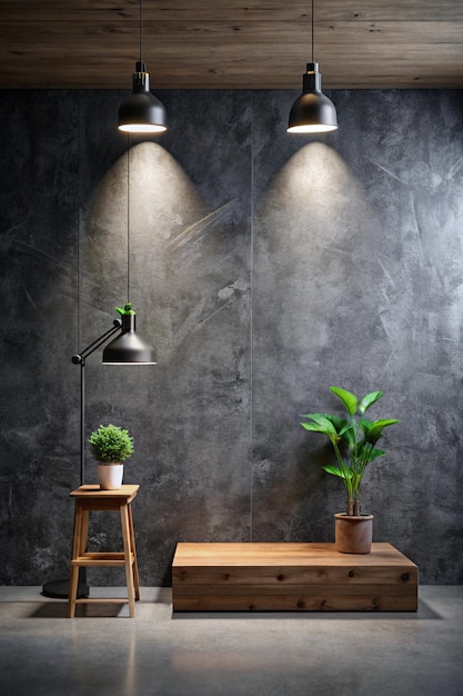 Photo studio room concrete spotlight wall black background display dark gray cement stone with product showcase