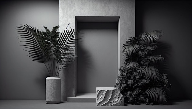 Studio setting with the gray wall 3D podium background and plants next to it