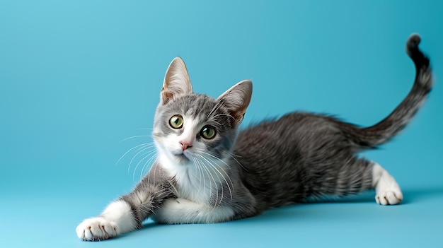 Studio shot of an adorable gray cat with white paws and a white belly on a blue background