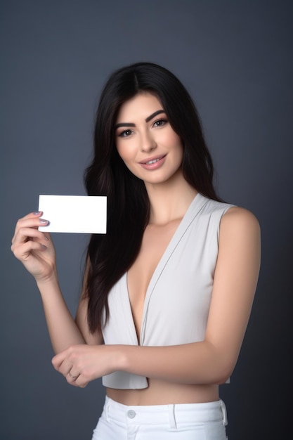 Studio shot of an attractive young woman presenting you with a blank card against a grey background