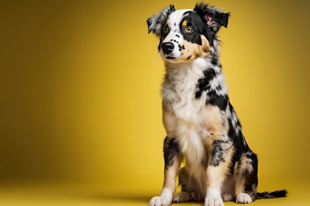 Studio Shot of an Australian Shepherd Dog in Yellow Background