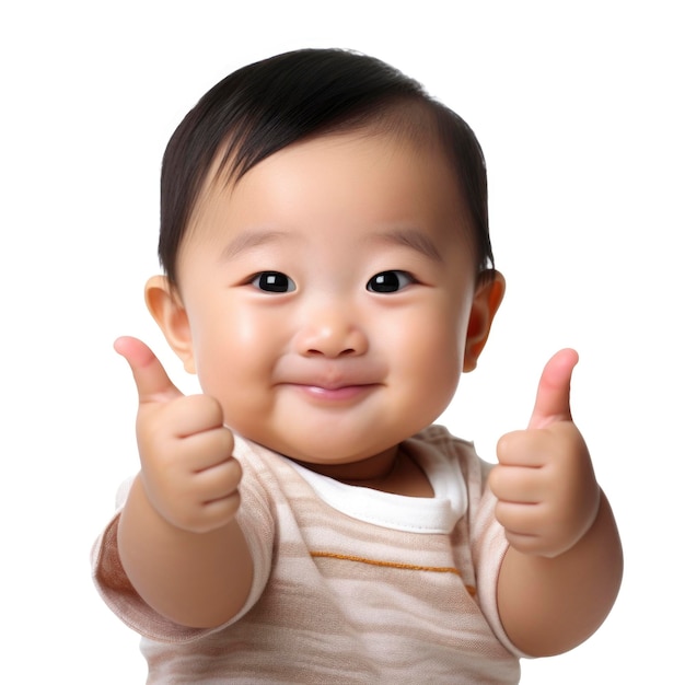 studio shot of a baby giving thumbs up