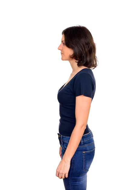 Studio shot of beautiful woman with short hair isolated against white background