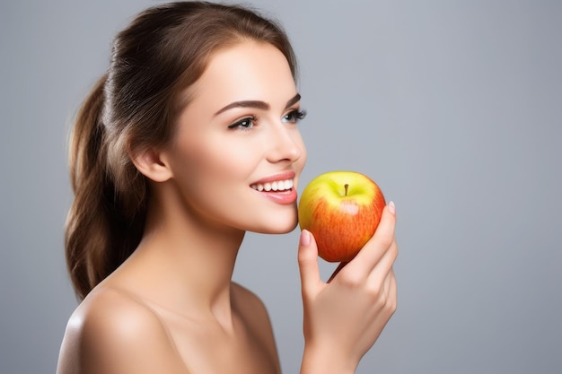 Studio shot of a beautiful young woman eating an apple created with generative ai