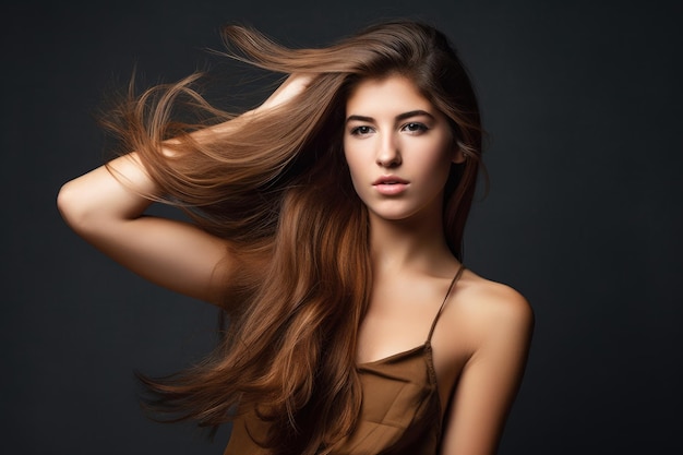 Studio shot of a beautiful young woman posing with one hand in her hair created with generative ai