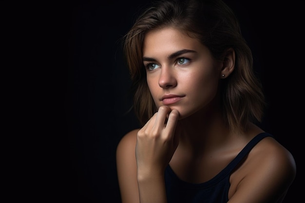 A studio shot of a beautiful young woman with her hand on her chin