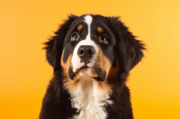 Studio shot of berner sennenhund puppy on yellow studio background