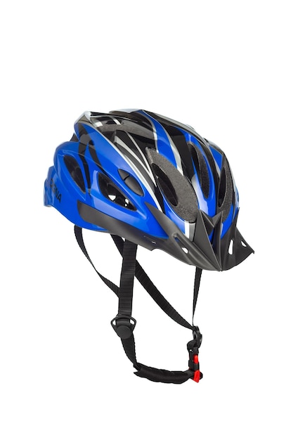 A studio shot of a black and blue helmet for byciclist isolated on white background