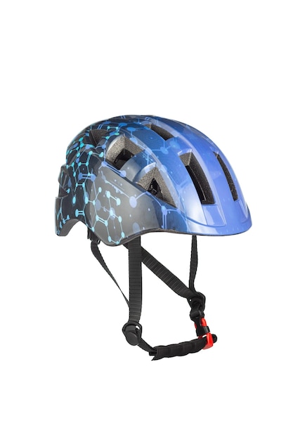 A studio shot of a black and blue helmet for byciclist isolated on white background