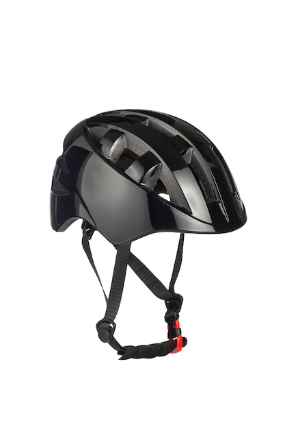 A studio shot of a black helmet for byciclist isolated on white background