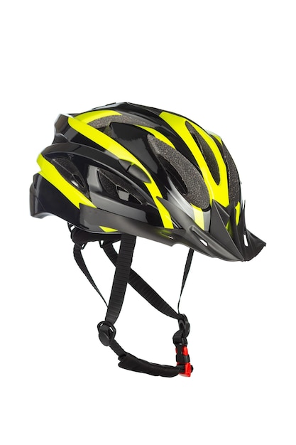 A studio shot of a black and yellow helmet for byciclist isolated on white background