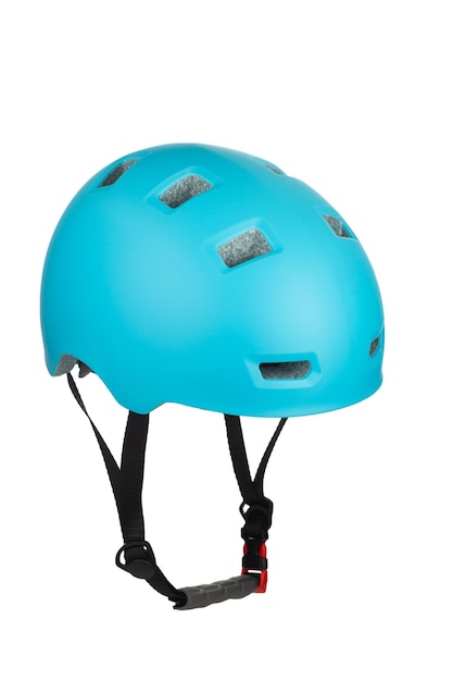 A studio shot of a blue helmet for byciclist isolated on white background