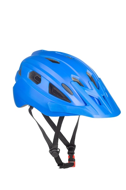 A studio shot of a blue helmet for byciclist isolated on white background