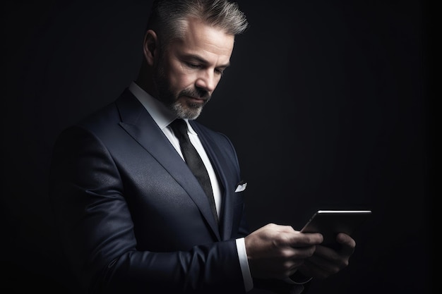 Studio shot of a businessman using his tablet created with generative ai