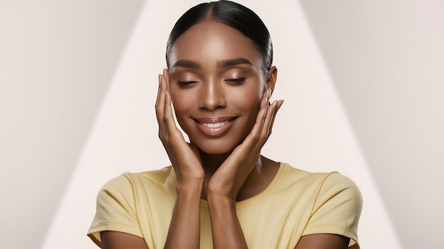 Studio shot of calm beautiful woman with healthy skin touches face gently wears minimal makeup has