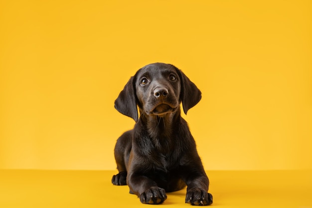 Studio shot of a cute black lab puppy on a yellow background.