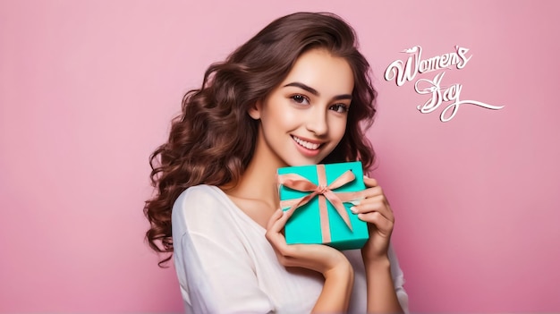 Studio shot of cute joyful brunette girl holding gift box womens day concept