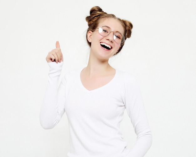 Studio shot of good looking female casual wearing