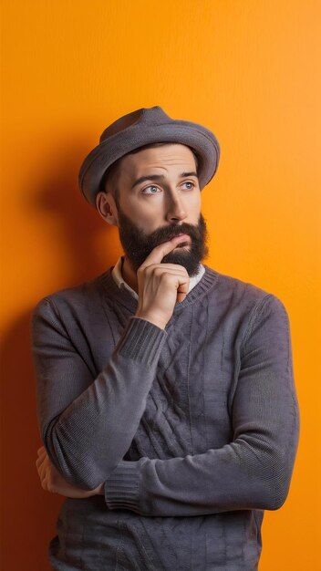 Photo studio shot of handsome bearded man holds chin looks thoughtfully aside thinks deeply about somethi