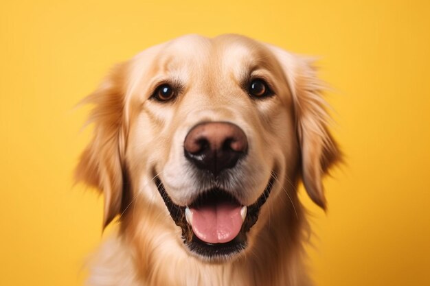 Studio shot of a happy smiling golden retriever dog with a yellow background and an eye that blinks