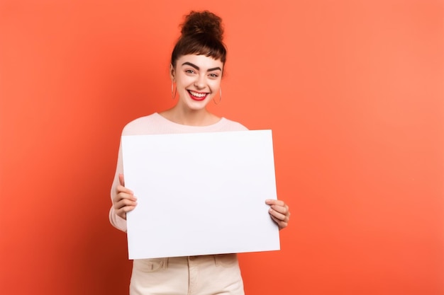 Studio shot of a happy young woman holding a blank placard created with generative ai