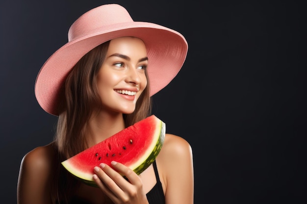 Studio shot of a healthy young woman holding a slice of watermelon created with generative ai