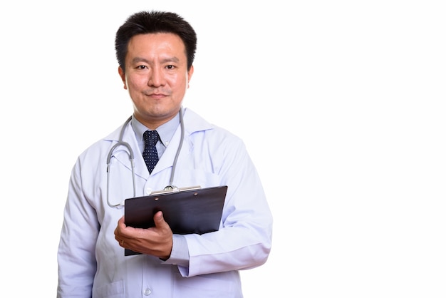 Studio shot of Japanese man isolated against white background