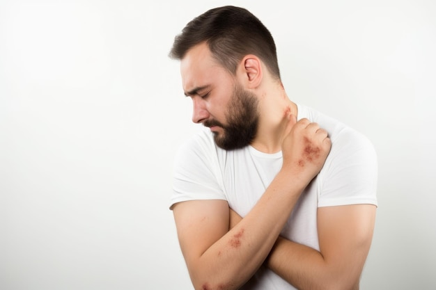 Studio shot of a male patient with arm pain isolated on white created with generative ai