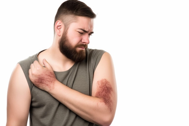 Studio shot of a male patient with arm pain isolated on white created with generative ai