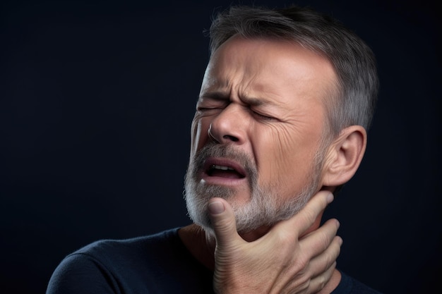 Studio shot of a man holding his throat in pain against a grey background