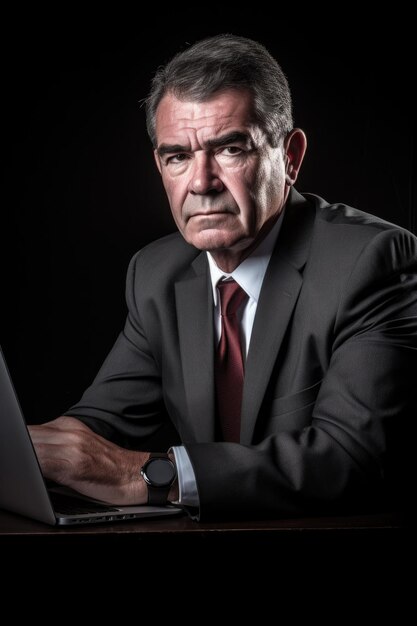 Studio shot of a mature businessman sitting in front of his laptop created with generative ai