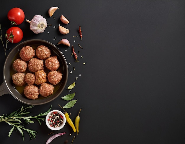 Photo studio shot of meatballs on black background