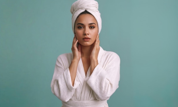 Studio shot portrait of woman in white bathrobe and towel on her head touching her face