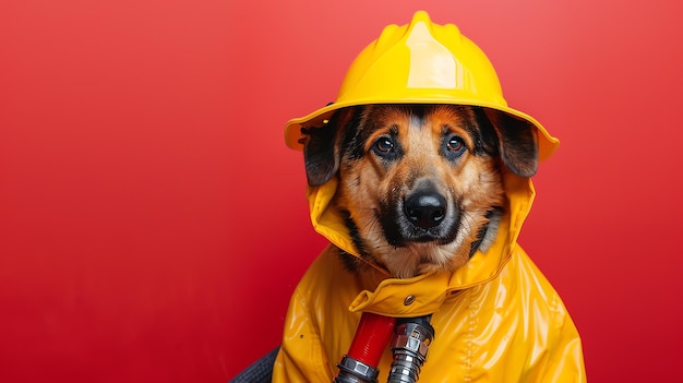 A studio shot of a serious looking brown and black dog wearing a yellow firefighters helmet and coat with a red hose around its neck against a red ba