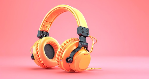 Studio shot of yellow headphones over pink background with empty space for text