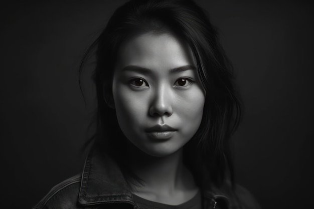 Studio shot of young asian woman against gray background in black and white