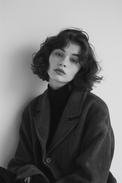 Studio shot of young girl against the wall in black and white