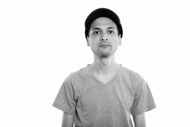 Studio shot of young skinny man isolated, black and white