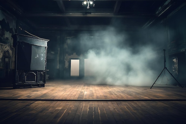 A studio stage with a spotlight and smoke for showcasing products