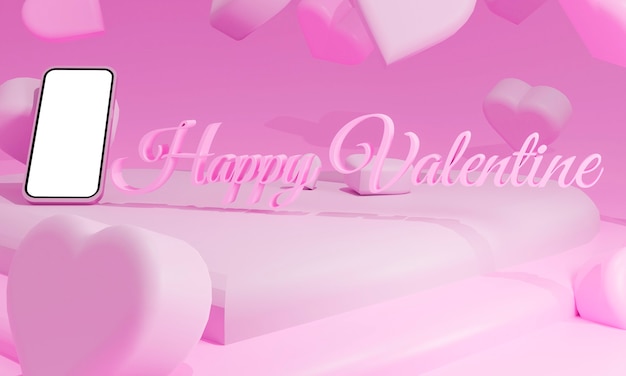 Studio with pink hearts and letters with blank smartphone Holiday greeting card for Valentine's Day - 3d illustration.