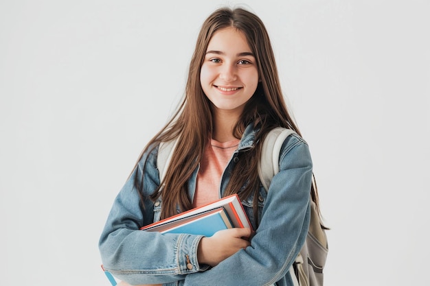 A studious girl wearing glasses carrying a tall pile of books