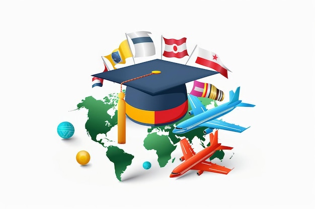 Photo study abroad concept design of graduation cap airplane and world education study foreign with national flag on white background