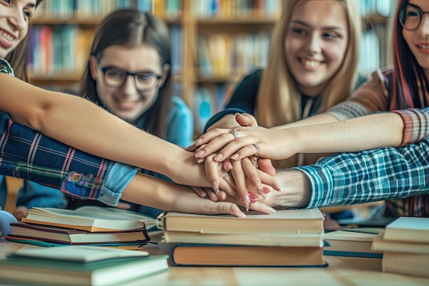 Photo study group classmates joining hands together