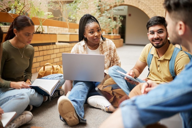 Photo study laptop and group of students research planning or learning ideas communication and teamwork in university project education and college diversity friends or people collaboration in school